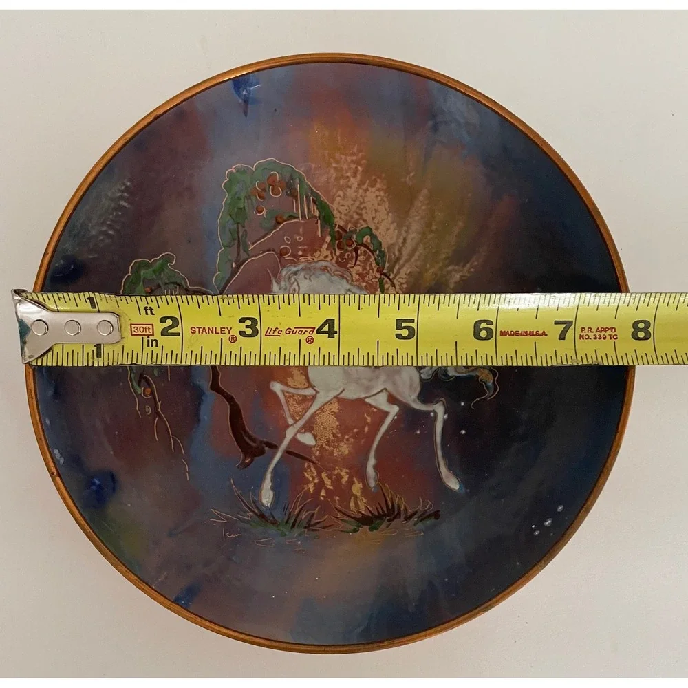 Sagitta Holland Enamel Copper Bowl White Horse Unicorn Celestial Fairy MCM 7.75